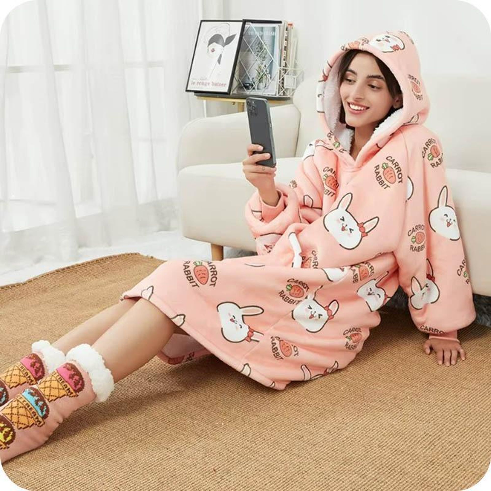 Kuschelige Hoodie Decke mit Ärmeln Häschen – Vielseitiger Deckenpullover für Damen und Herren, Einheitsgröße – Perfekt für Wintertage