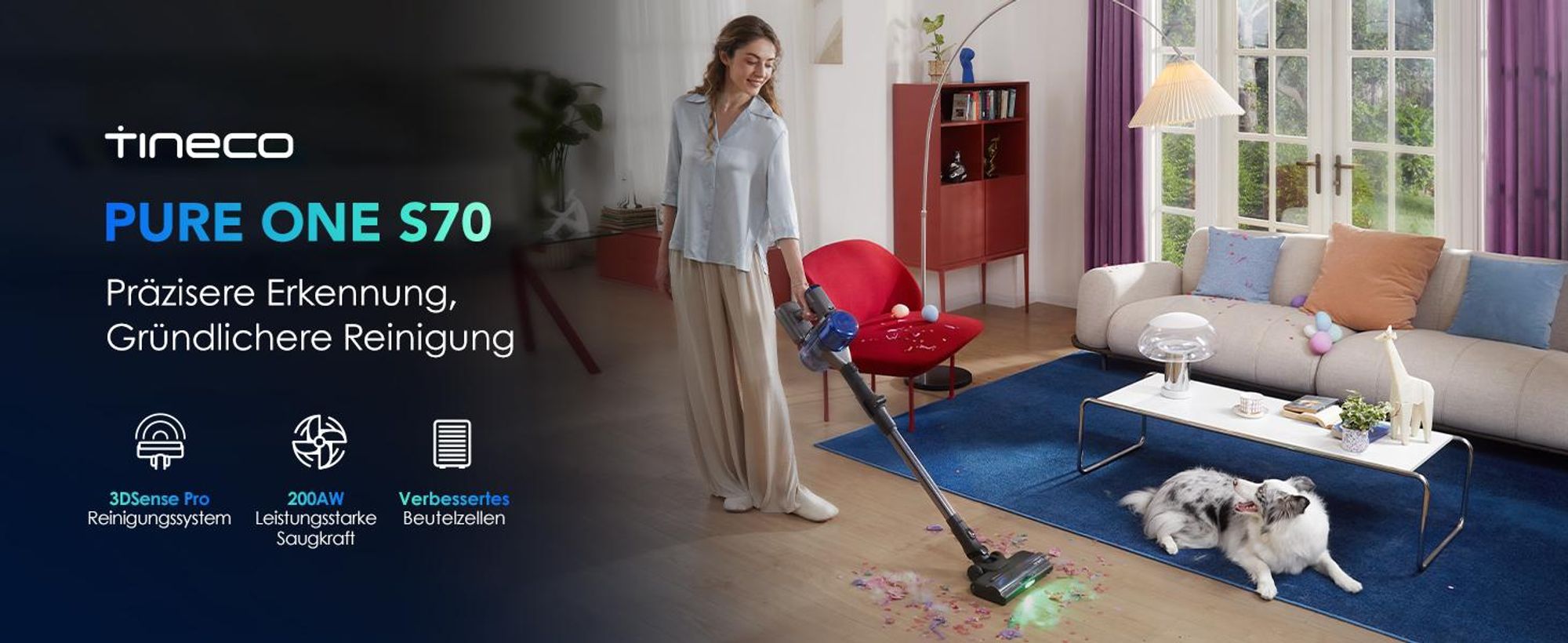 Tineco PURE ONE S70 Akku Staubsauger, 200 AW, LED, 3DSense Pro Reinigungssystem, 95 Min. 6-stufiges Filter, ZeroTangle-Bürste, Handstaubsauger
