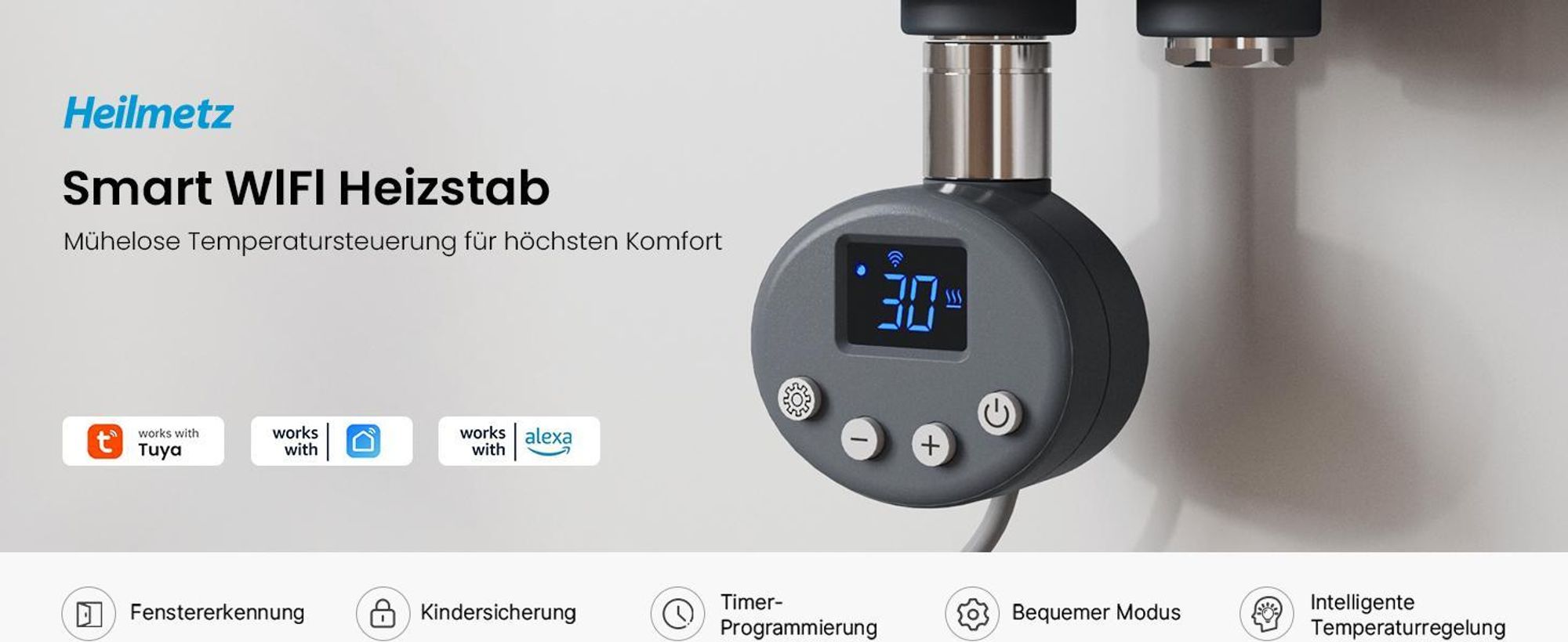 Heilmetz Smart WLAN Heizstab 900W für Badheizkörper, G 1/2" Standardgewinde, App & Sprachsteuerung (Tuya/Alexa), IPX4