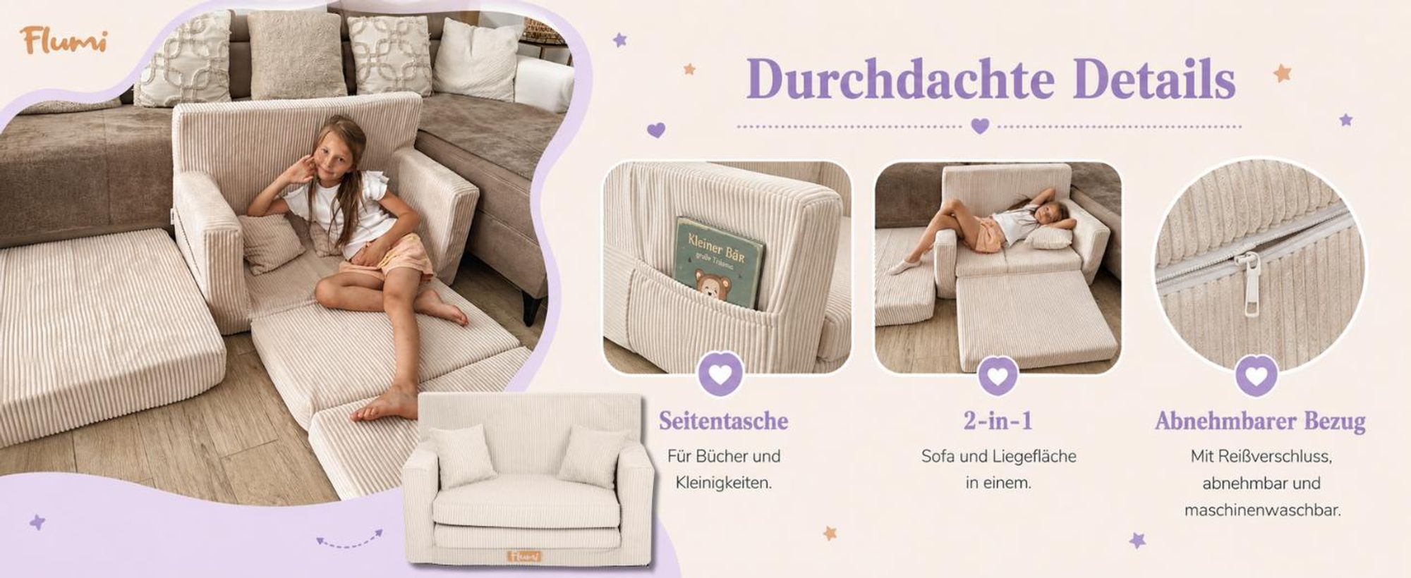 Flumi Kindersofa ausklappbar, Kindercouch mit Schlaffunktion, waschbarer Bezug