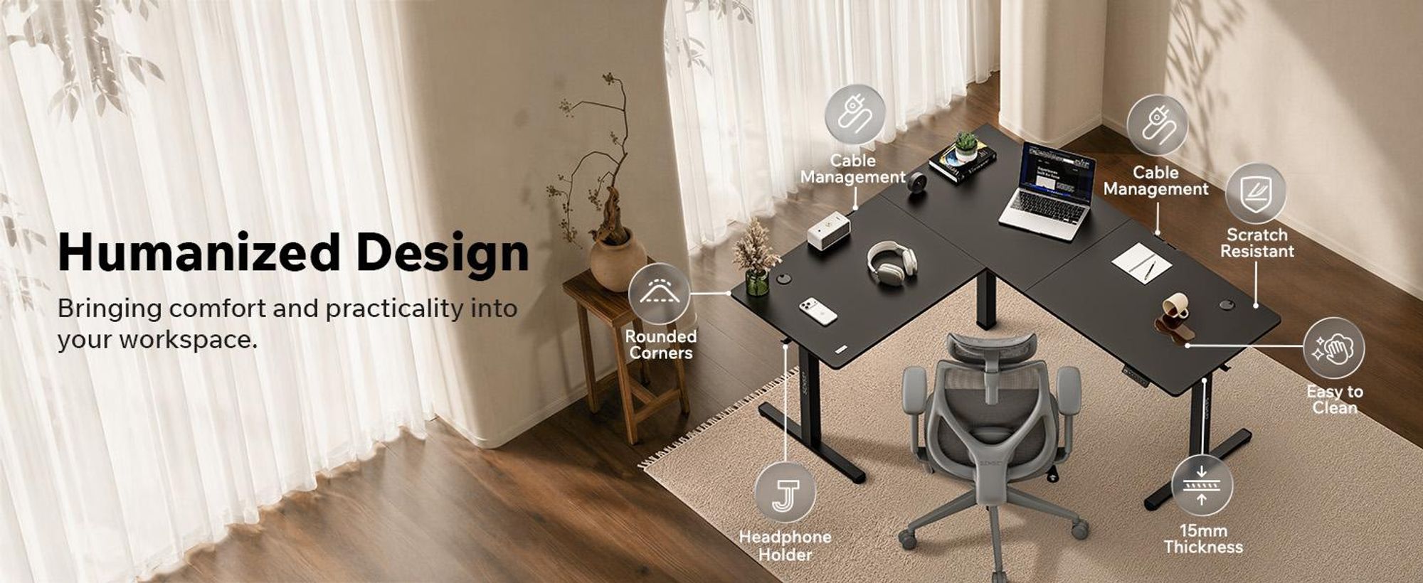 SENSE7 NOJO, rohový písací stôl, model Light Corner, elektricky nastaviteľná výška, rozmer 160x140, tvar L, stojací písací stôl, dvojitý motor, nastaviteľná výška s pamäťou, čierna farba