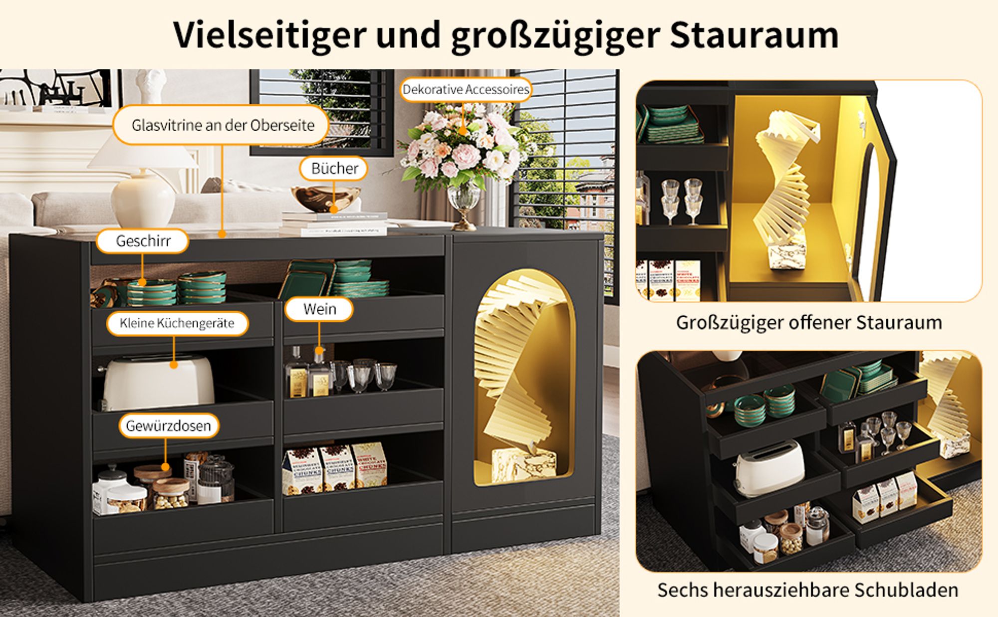 Flieks Sideboard mit LED-Beleuchtung, Anrichte mit offenem Stauraum, schlichte moderne Kommode für Wohnzimmer Esszimmer Flur, schwarz