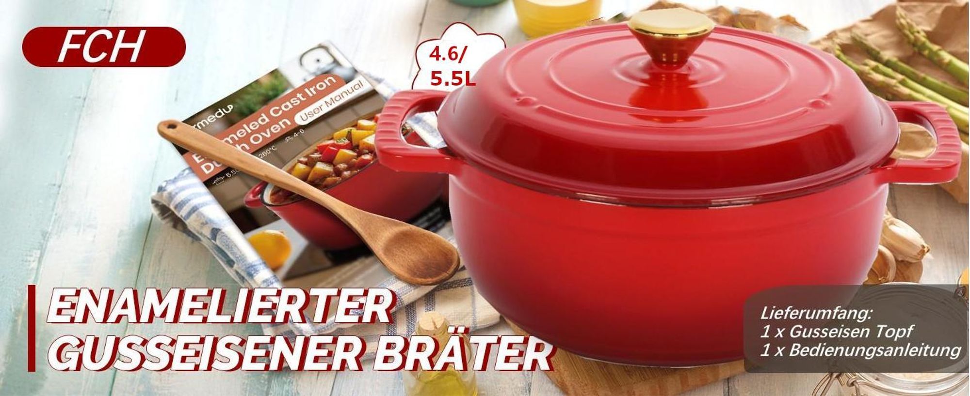 LEADZM Gusseisen Topf 26cm - 5QT-4.6L Emaille Bräter mit Deckel backofengeeignet - für Küche Backen Schmoren Braten (Rot)