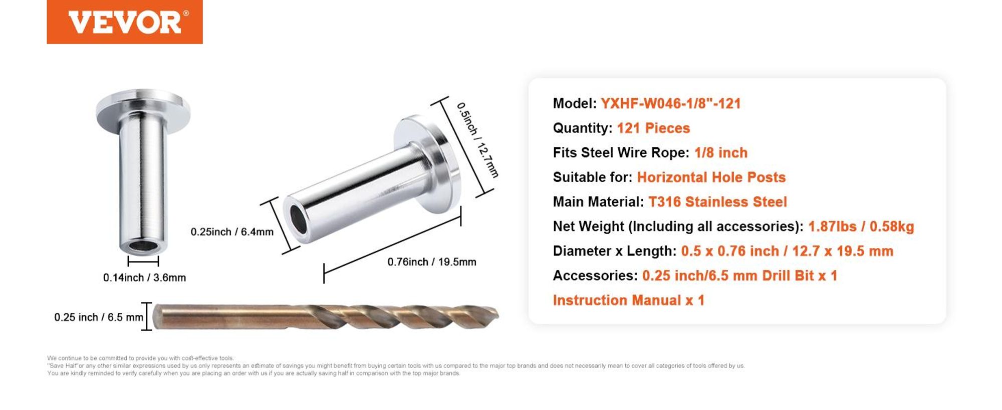 VEVOR 101 Pack T316 Edelstahl Schutzschläuche für 3,2 mm Drahtseil Kabelgeländer, DIY Balustrade T316 Marinequalität, inklusive einem en Bohrer, Schwarz, Silber, 121 Stück