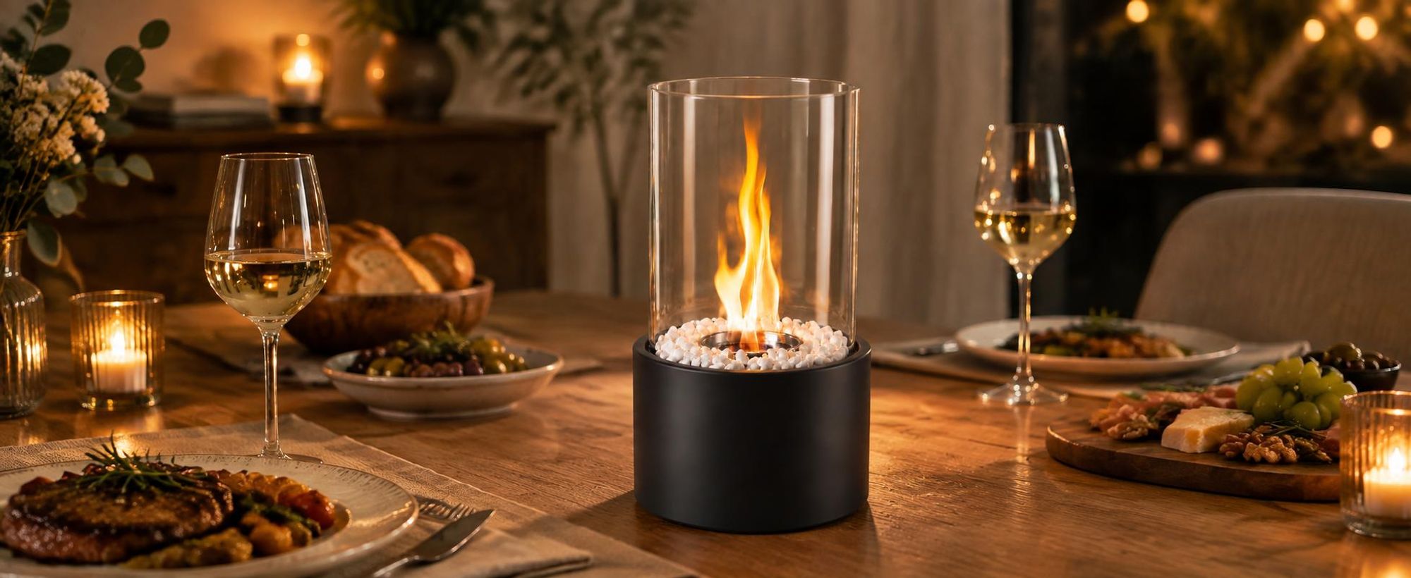 ZMH Tischfeuer Bioethanol 16×26.9CM Tischkamin mit dekorativen Steinen Edelstahl Rund Innen drausen Glaskamin Feuerstelle für Wohnzimmer party Schwarz