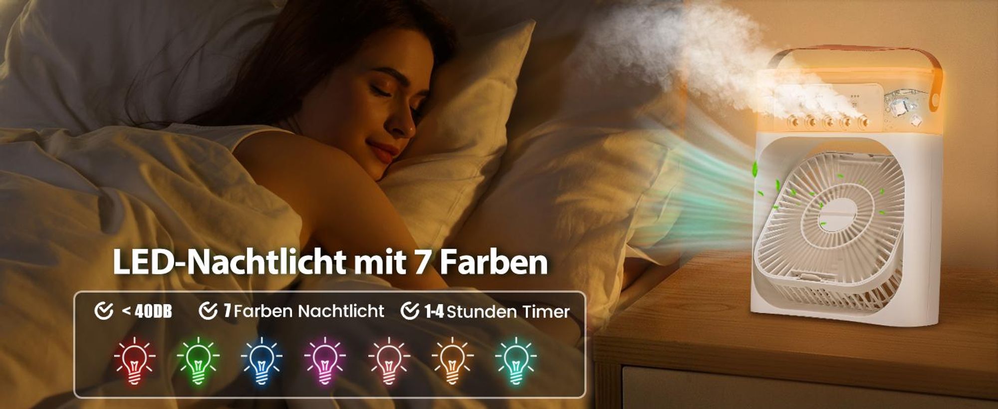 Standventilatoren, Luftkühler mit Wasserkühlung, Ventilator, mit 600 ml Wassertank, 3 Geschwindigkeiten, 7 Farben Nachtlicht, mit Wassernebel Spray