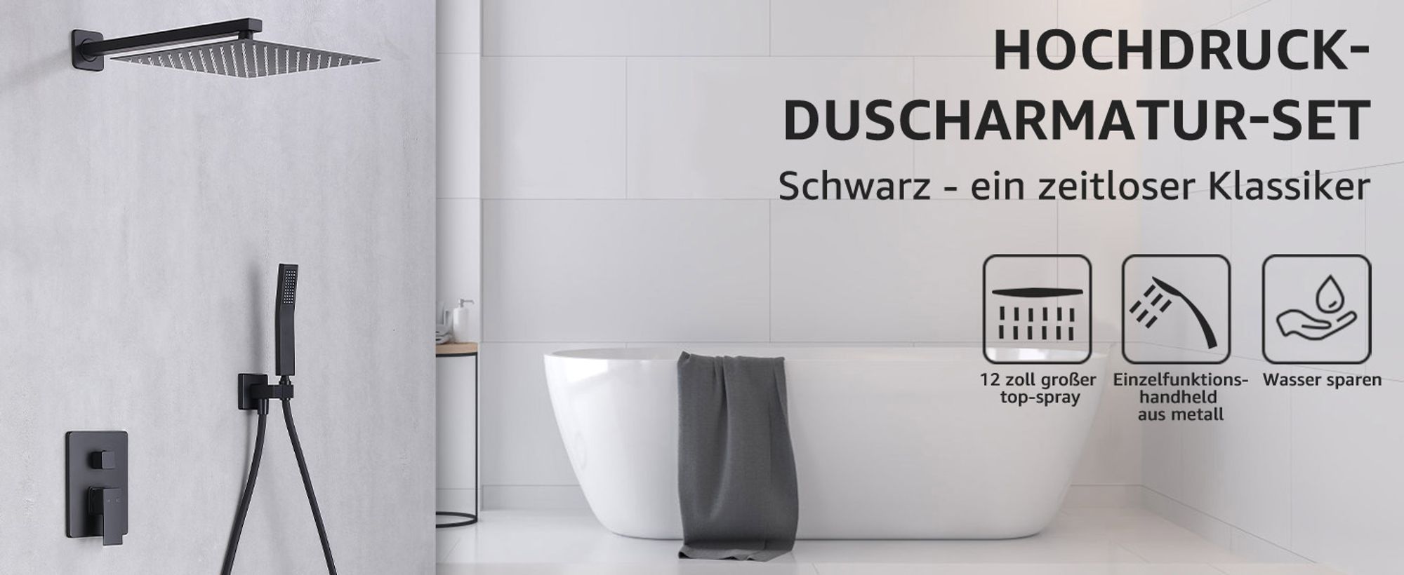 Unterputz Duschsystem Schwarz Duschset Regendusche Duscharmatur aus Messing, 12 Zoll Kopfbrause Dusche mit Handbrause, Schwarz