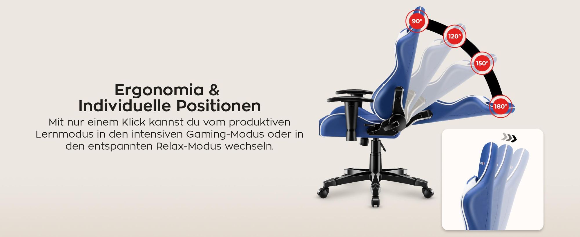Huzaro Kinder Schreibtischstuhl Ranger 6.0 Gaming Stuhl Racing Sessel Bürostuhl Drehstuhl Gamer bis 130 kg Blau