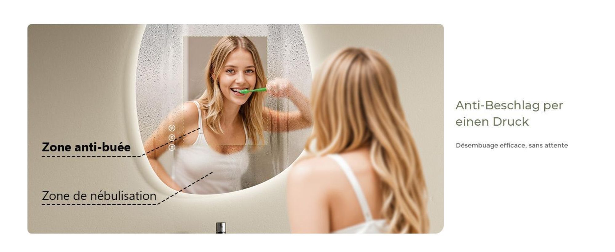 S'AFIELINA Miroir de salle de bain, Interrupteur LED tactile, Asymétrique, 3 couleurs de lumière réglables, anti-buée et fonction mémoire, 75×55cm