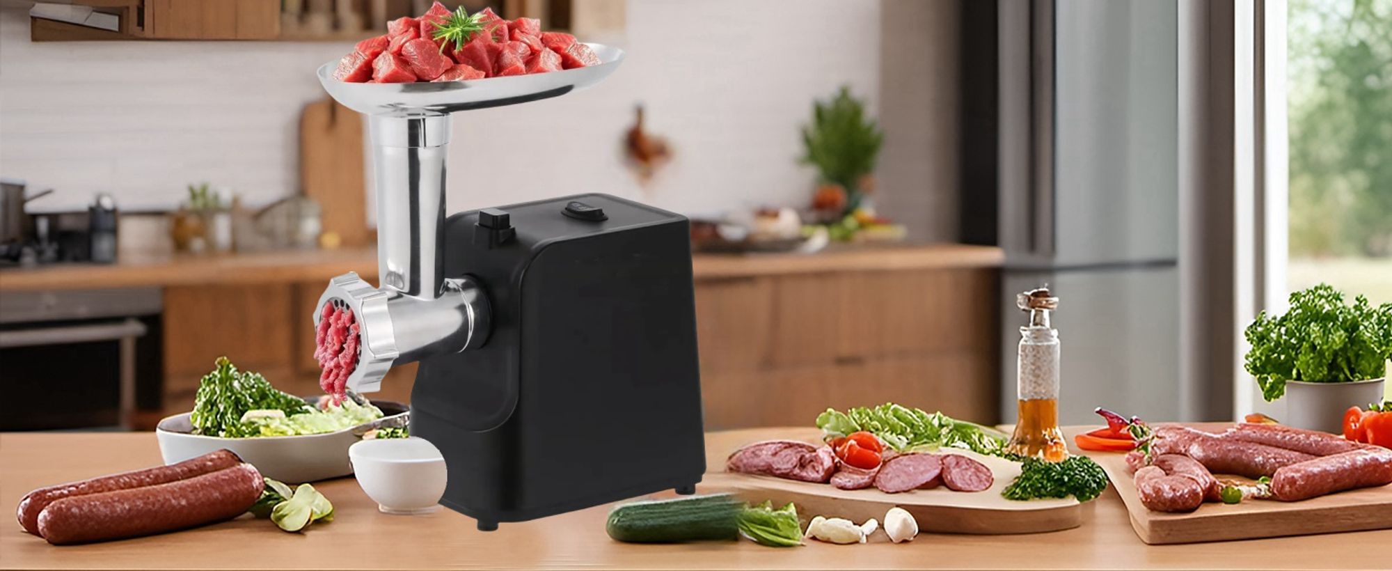 6 in 1 Elektrischer Fleischwolf，Multi Küchenmaschine，Super-intelligenter Wärmeschutz，Wurstmaschine mit 3 Lochscheiben, 4 Kegel-Klingen，schwarz