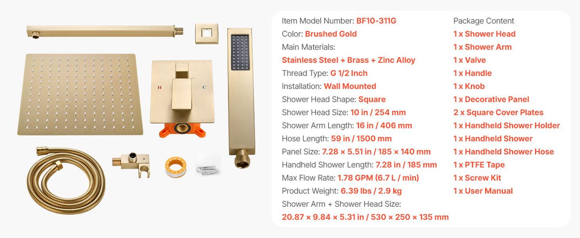 VEVOR Duscharmatur Regenduschsystem fürs Badezimmer Duschsystem mit 254 mm quadr