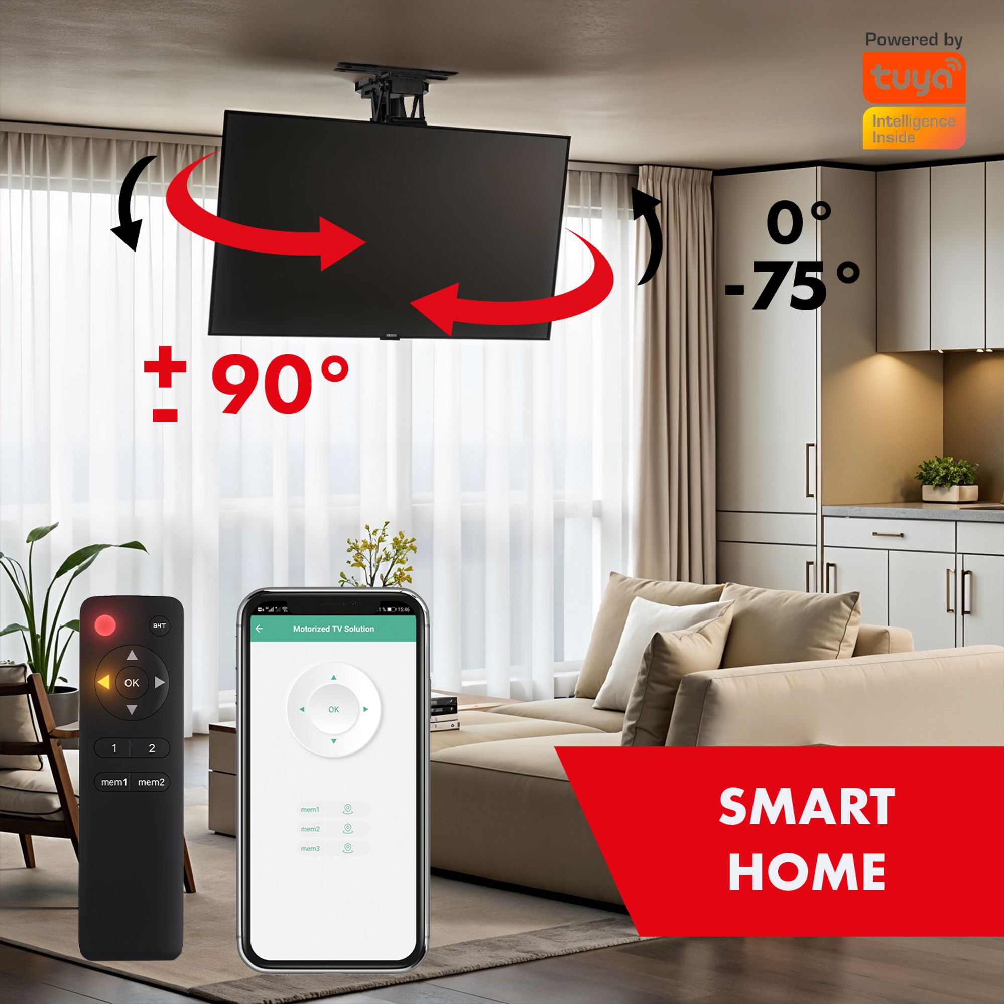 Maclean elektrische Deckenhalterung für TV TUYA-Unterstützung max VESA 600x400 90st schwenkbar, 32"-75" 35kg MC-490