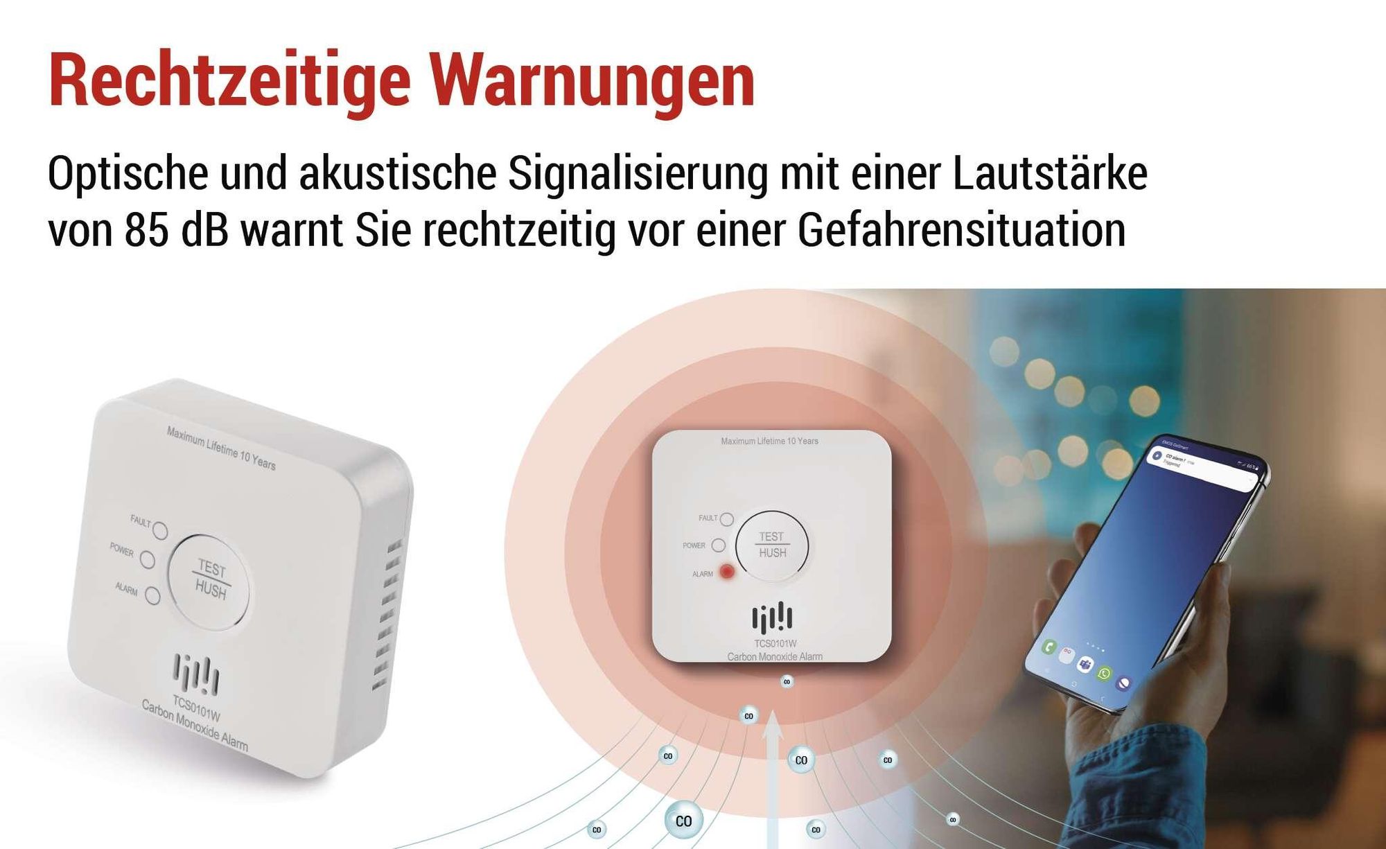 EMOS GoSmart - Smart Home CO-Melder - WiFi, optischer und 85dB Alarm, batteriebetrieben, Wandmontage, 10 Jahre Lebensdauer, inkl. Batterie , P56400S