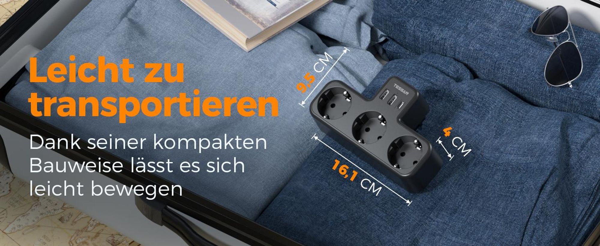 TESSAN Mehrfachstecker mit USB für Steckdose 3 Fach Steckdosenadapter mit 2 USB A und 1 USB C 3600W Mehrfachsteckdose Ladegerät Schwarz
