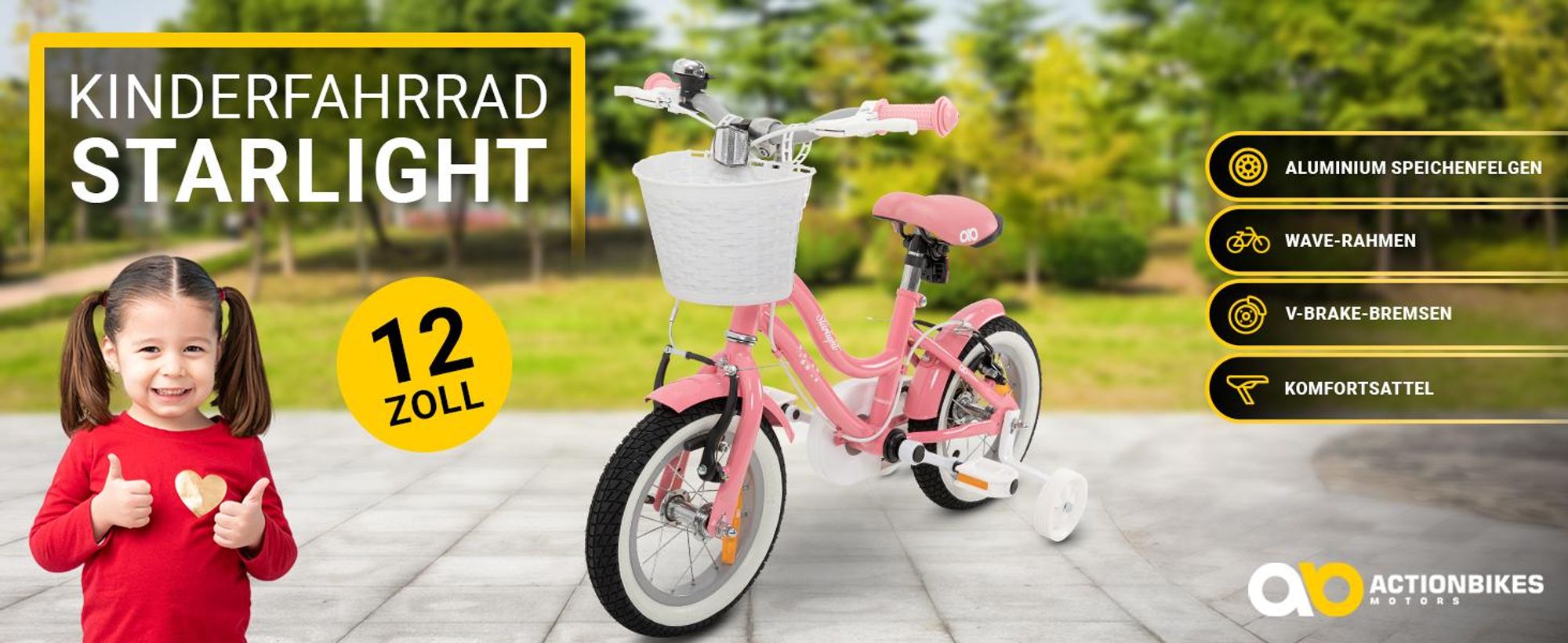 Actionbikes Kinderfahrrad Starlight 12 Zoll | Kinder Fahrrad - V-Brake Bremsen - Kettenschutz - Fahrradständer - 2-5 Jahre (Rosa)