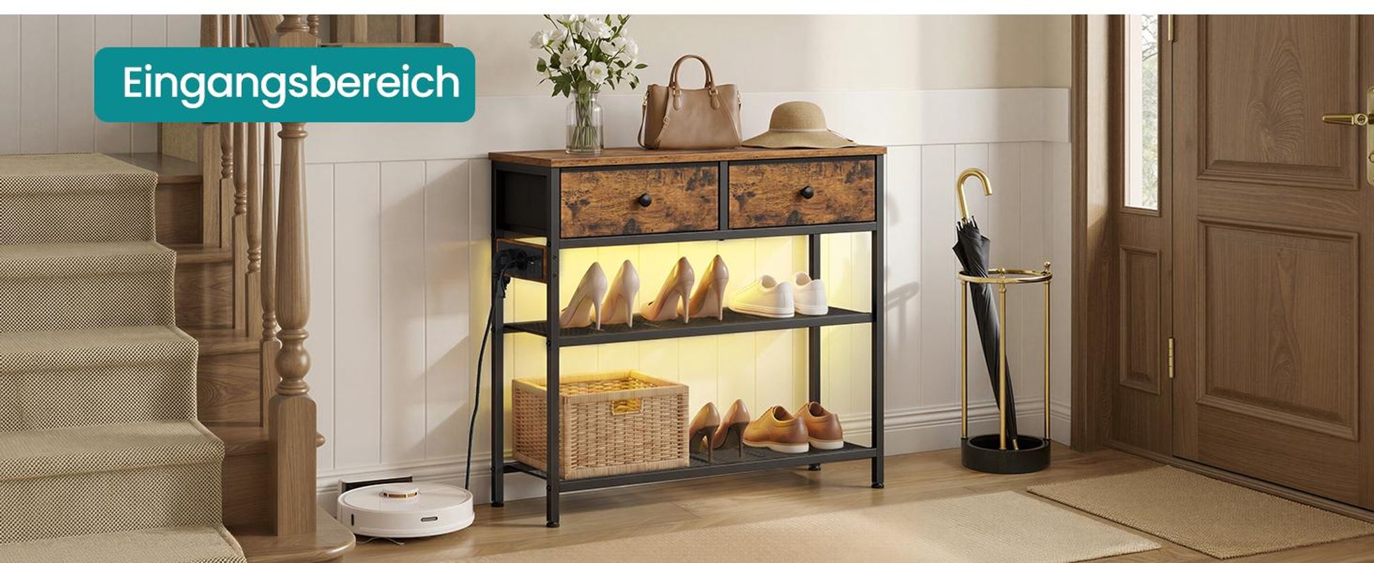 SONGMICS Konsolentisch mit LED-Beleuchtung, schmaler Konsolentisch mit Steckdose, Flur oder Wohnzimmer, 2 Schubladen, braun