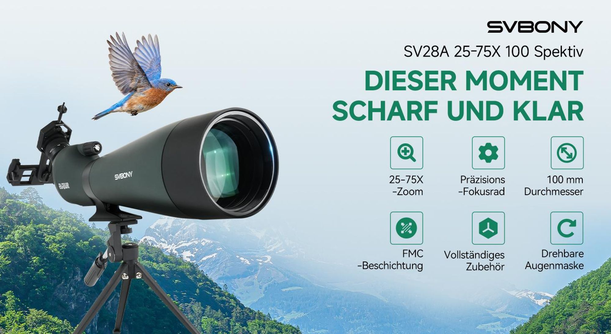 Svbony SV28A Spektiv, 100mm Großer Durchmesser, 25-75X-Monokulare Ferngläser, mit Handyhalterung Tragetasche für Tierbeobachtung, Sportschützen