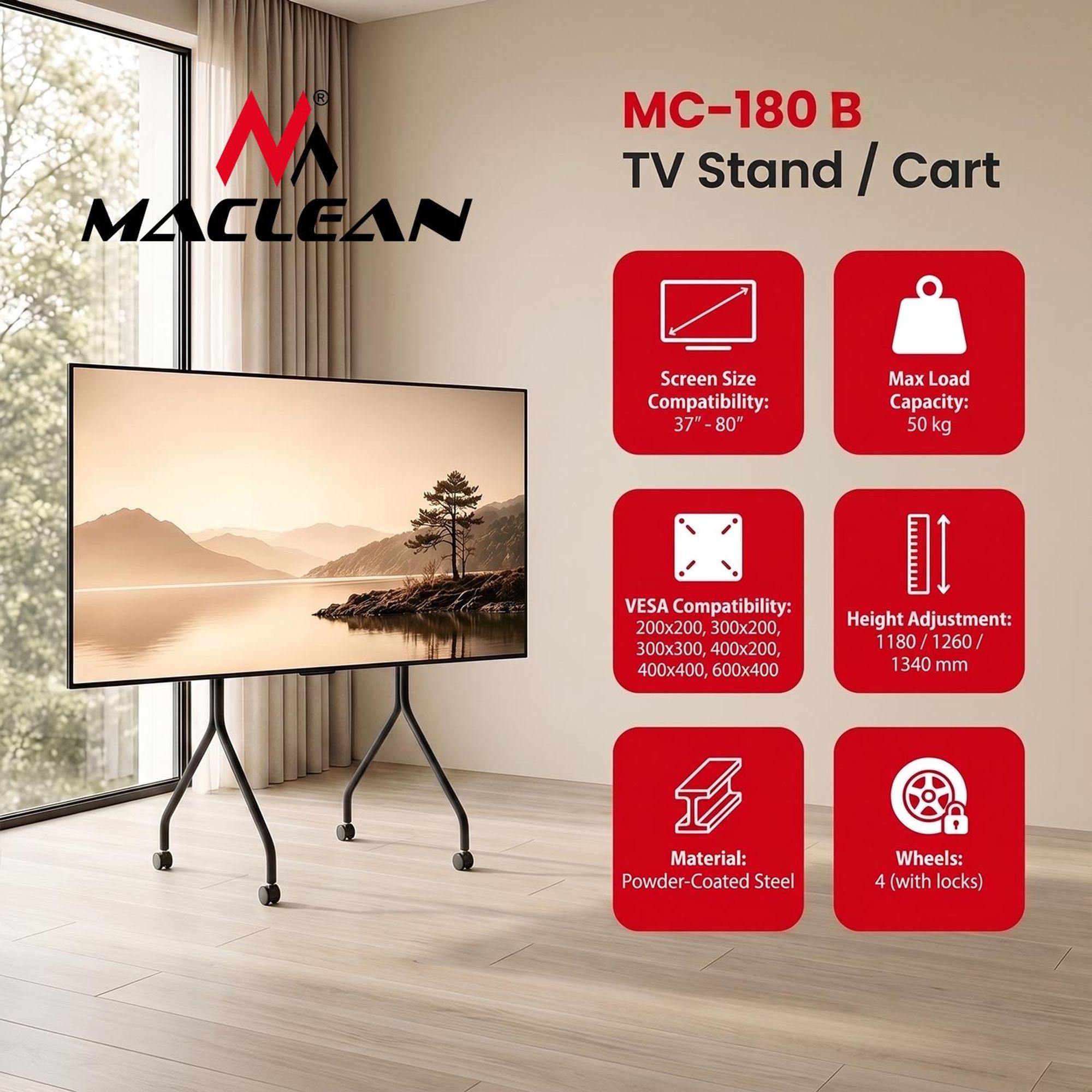 Maclean TV-Ständer/Rollwagen auf Rollen 37–80" max. Tragkraft 50 kg max. VESA 600 × 400 schwarz MC-180 B