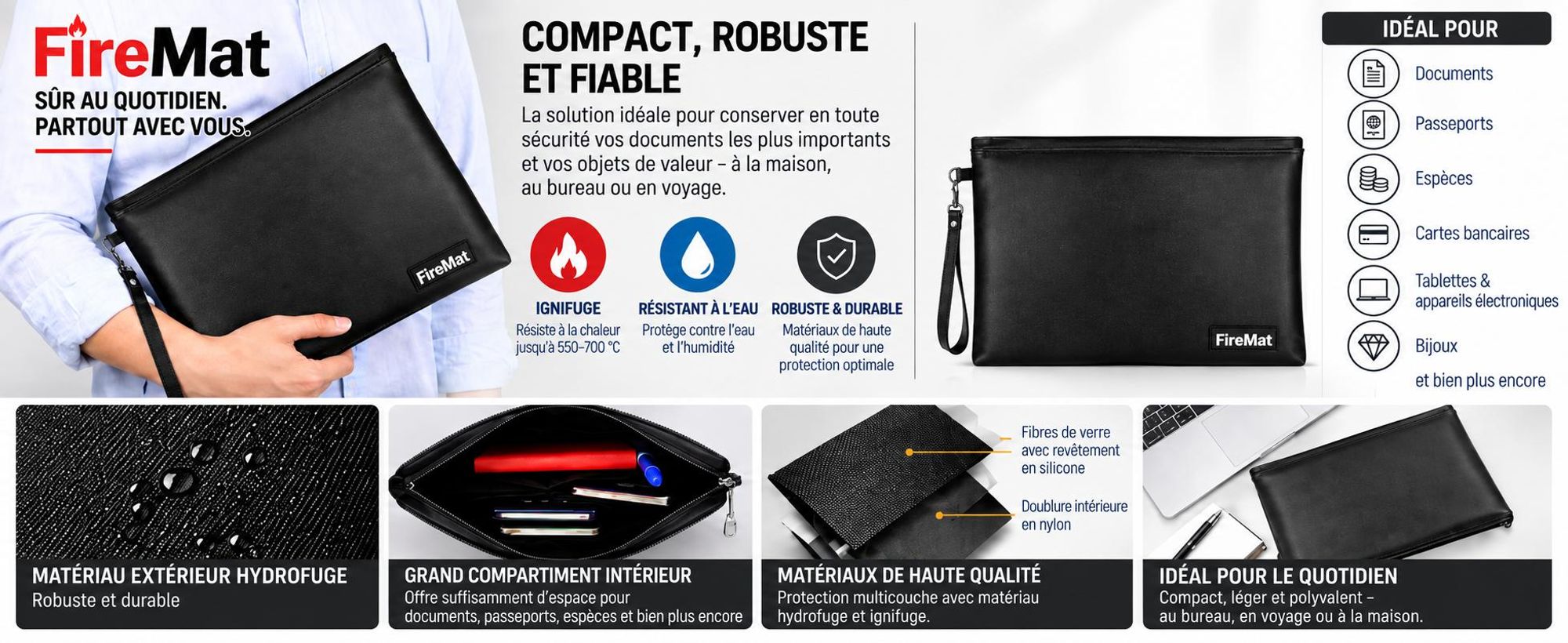 Pochette FireMat ignifuge pour passeport, argent, cartes et bijoux.