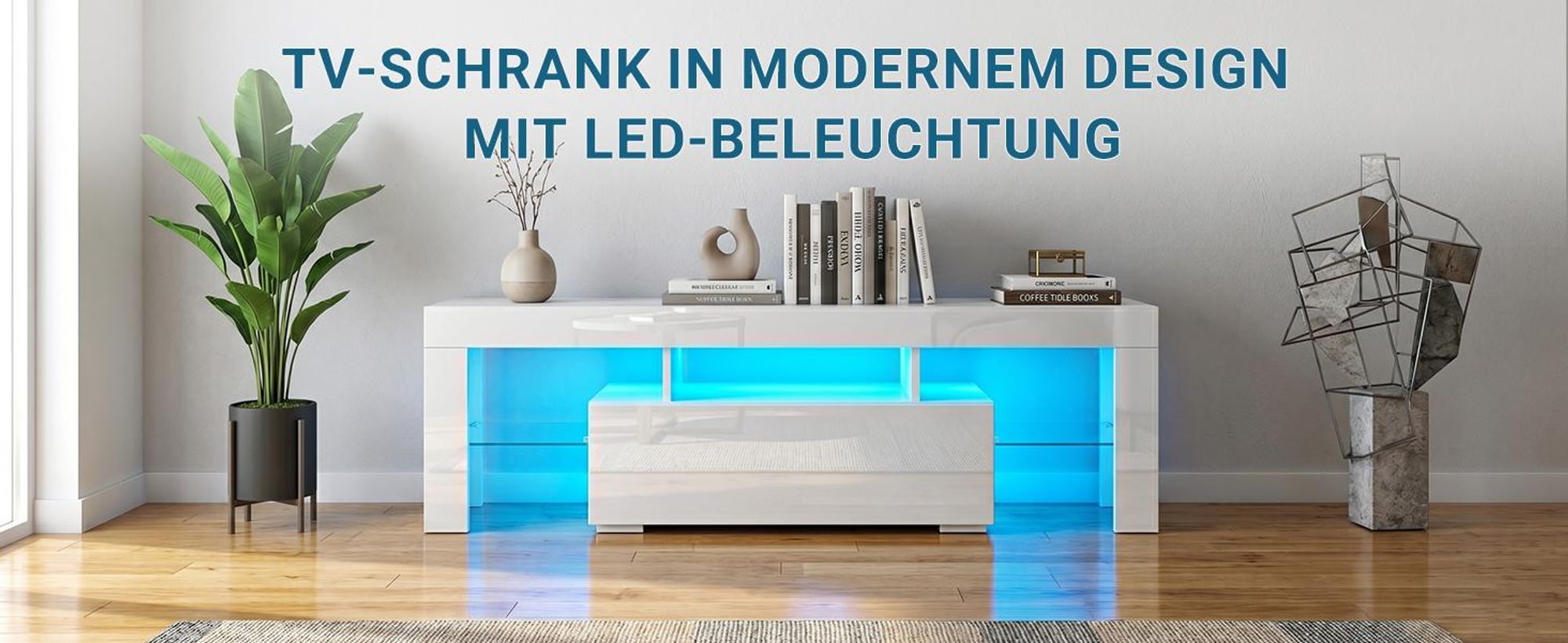 FCH TV-Schrank mit LED Beleuchtung und 1 Schublade TV Lowboard 130 x 35 x 45cm Weiß