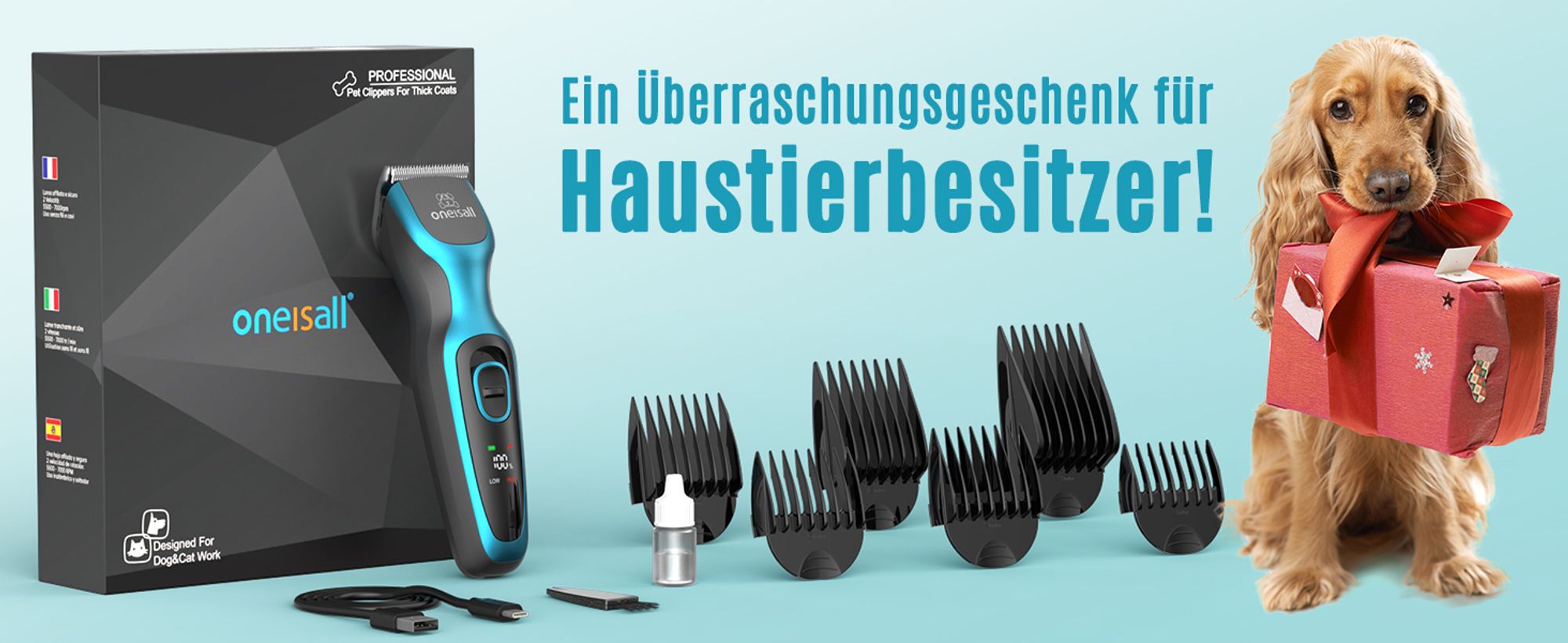 Oneisall Leise Hundeschermaschine, Profi Schermaschine Hund Katze mit 6 Aufsätze
