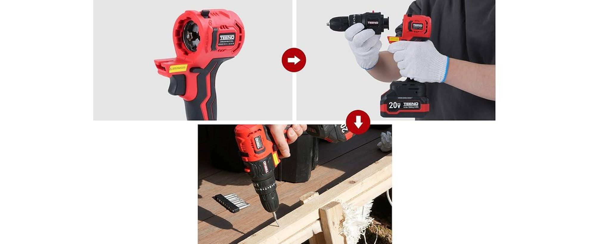 TEENO 8-in-1 Akku-Multifunktionswerkzeug, Akku Elektrowerkzeug Set mit Aufbewahrungskoffer, mit Bohrmaschine, Säbelsäge, Kettensäge, Schlagschrauber