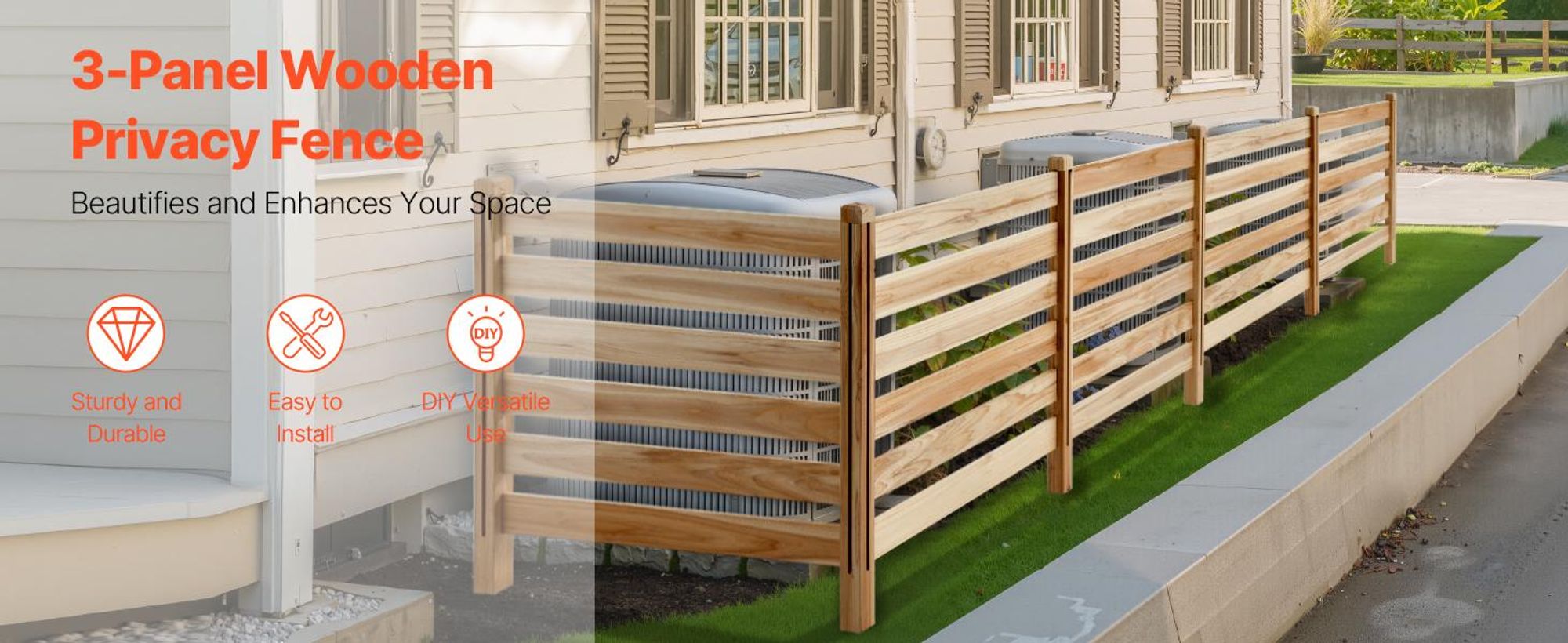VEVOR Holz Sichtschutzzaun, 36" B x 36" L, 3-Panel Lattenzaun für Klimaanlagen, Poolgeräte-Einhausung mit Metallpfählen, Einfache DIY-Installation, Outdoor-Mülltonnenverkleidung für Gartendekoration, 914x914x914 mm