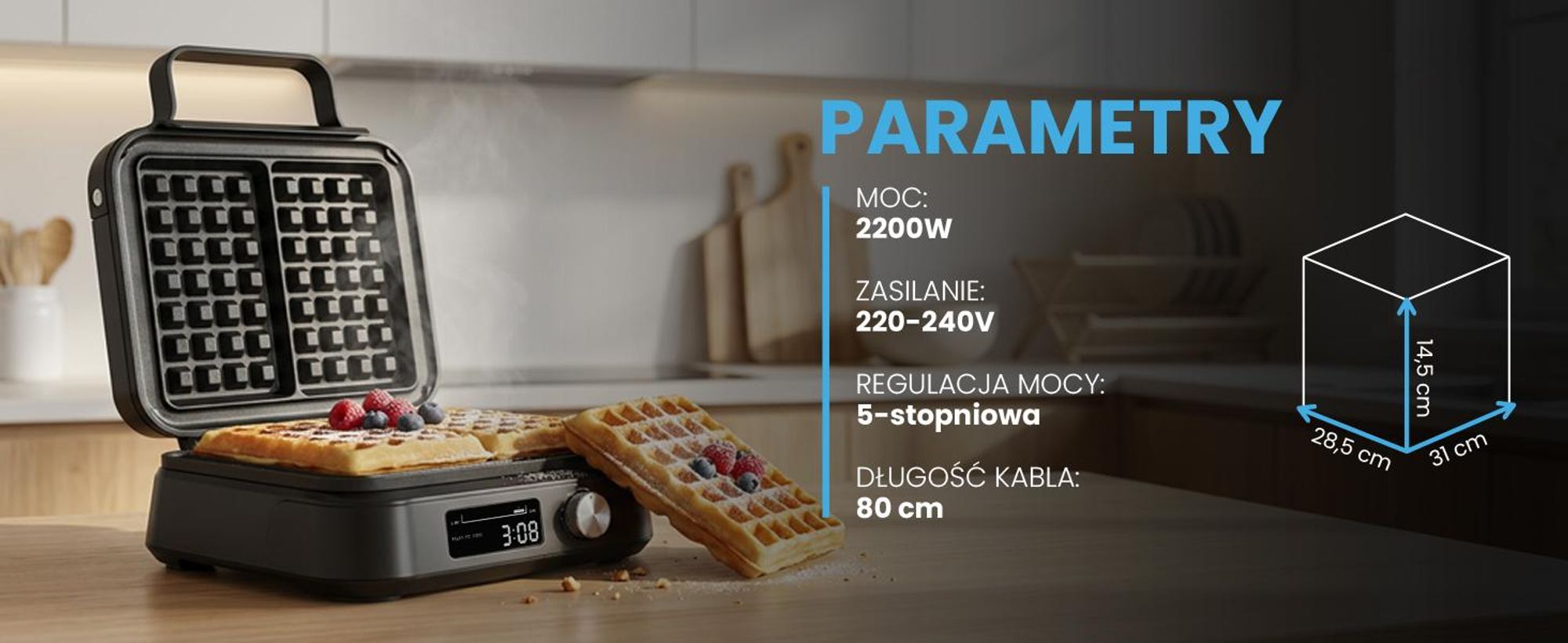 Czarna gofrownica z formą do pieczenia na dwa duże gofry