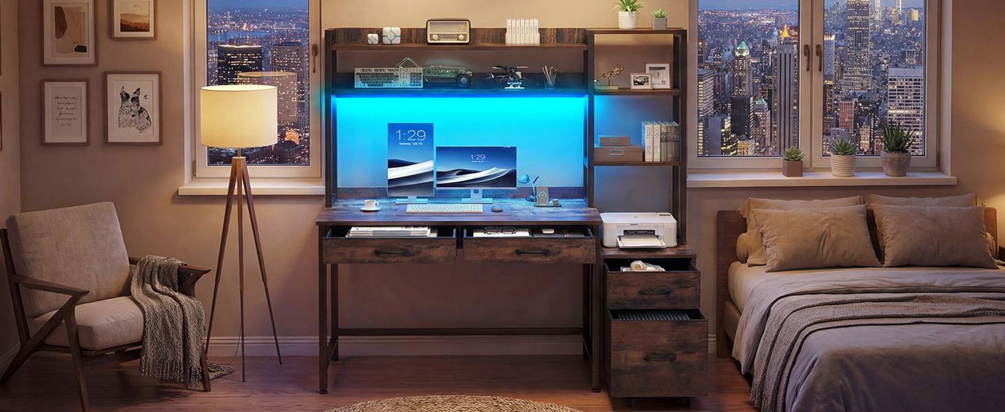 YITAHOME Computertisch LED Schreibtisch mit 4 Schubladen, Steckdose, Aufbewahrungen & Regale, 150x50x150 cm, Braun