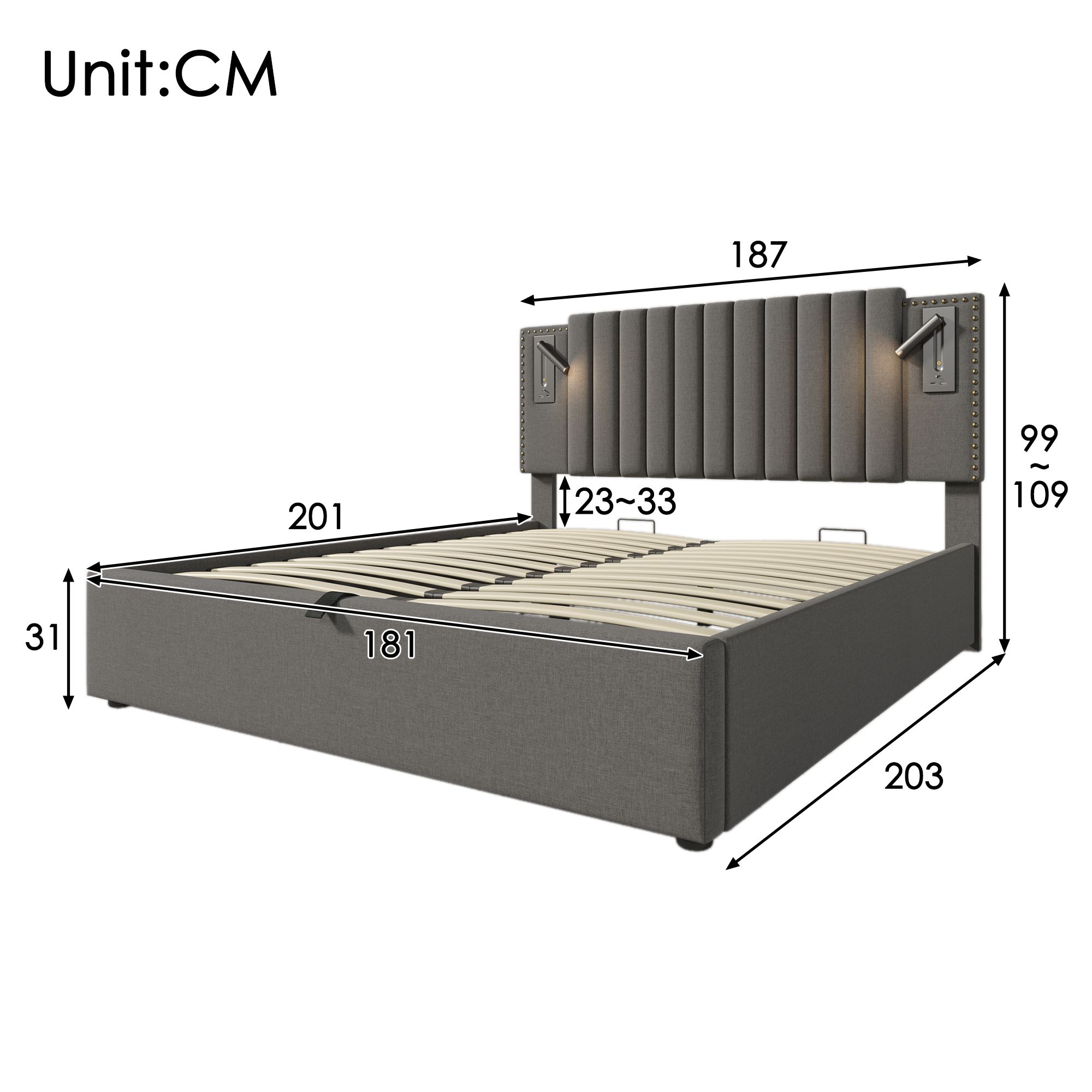 Flieks Polsterbett 180x200cm mit Leselampe, Doppelbett Stauraumbett Boxspringbett mit Ladefunktion (USB, Typ-C), Jugendbett mit Lattenrost, Baumwolle