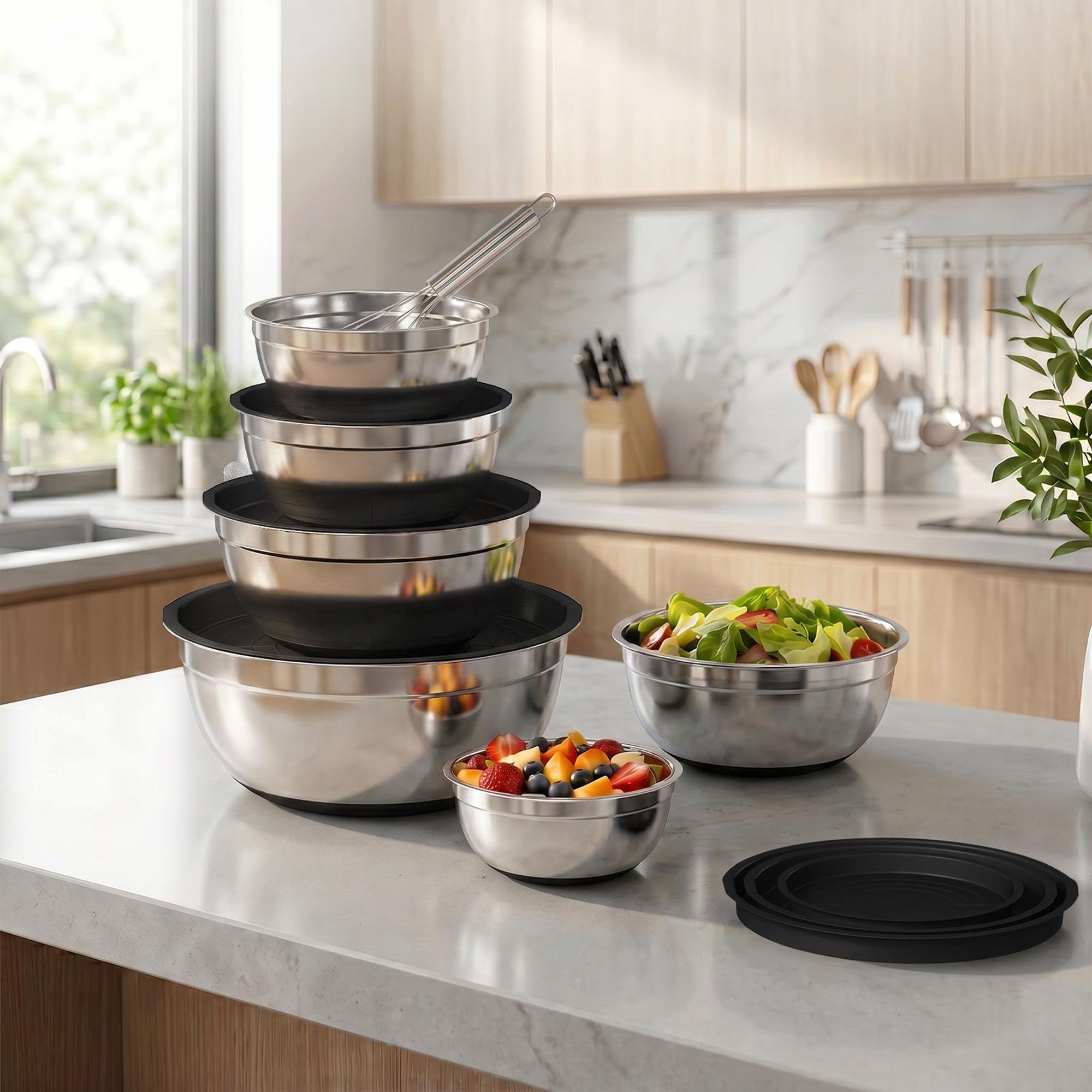 6 Set Edelstahl Rührschüssel Schüssel Salatschüssel mit 6 Deckel und 3 Reibe für Servieren Kochen Backen Aufbewahren