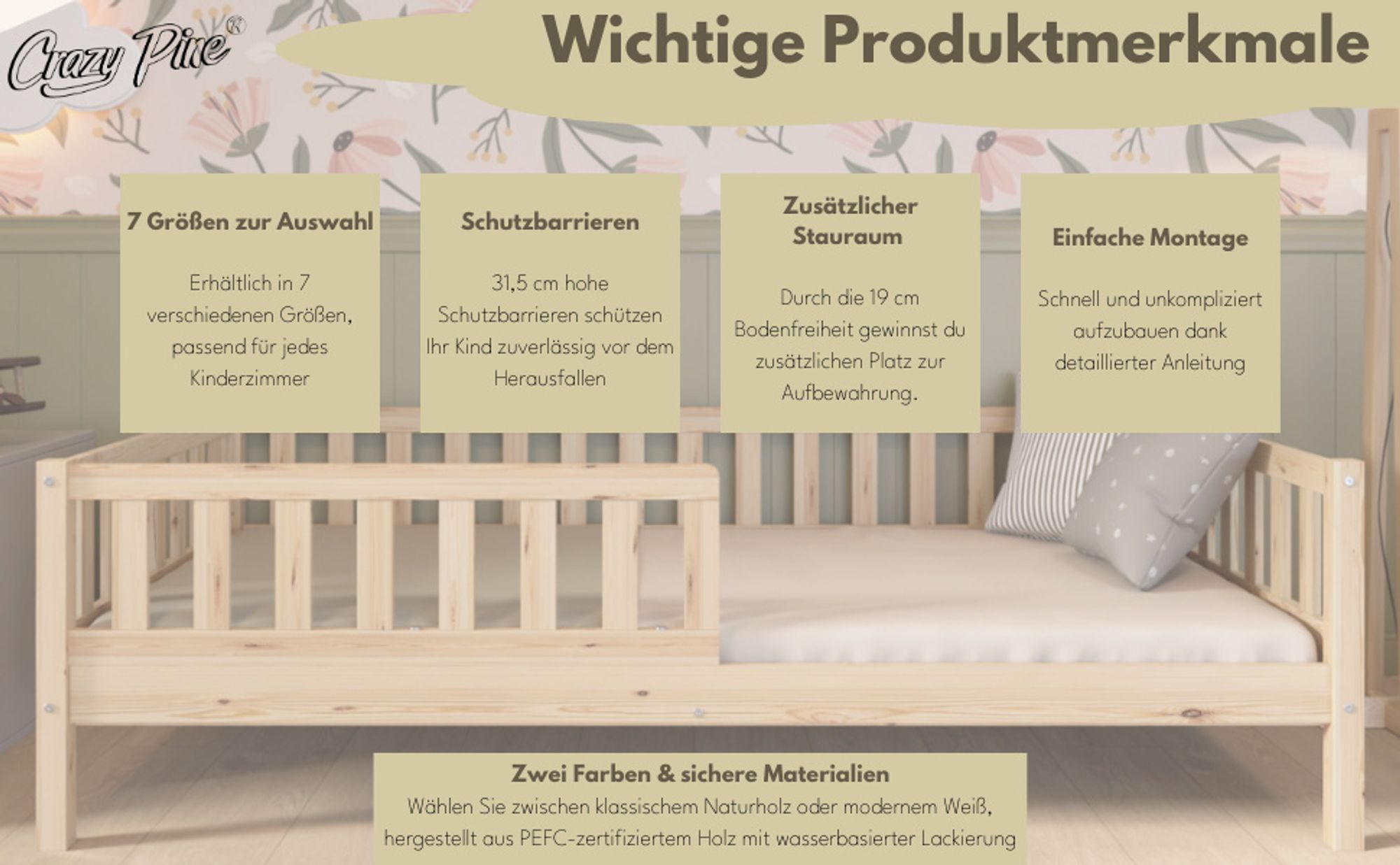Crazy Pine Kinderbett 120x200 cm – Hohes Montessori Bodenbett aus Holz in Weiß mit Rausfallschutz – Crazy Basic
