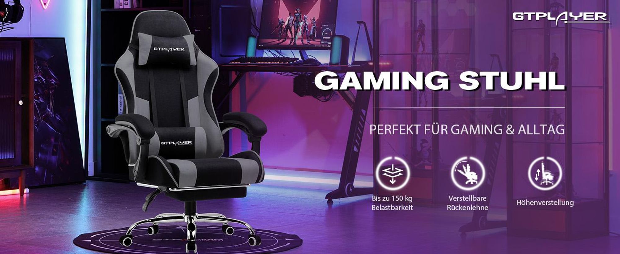 GTPLAYER Gaming Stuhl, Bürostuhl, Ergonomischer Pc Stuhl, Gaming Sessel mit Massagelendenwirbelstütze mit Fußstütze und Kopfstütze, Grau Stoff