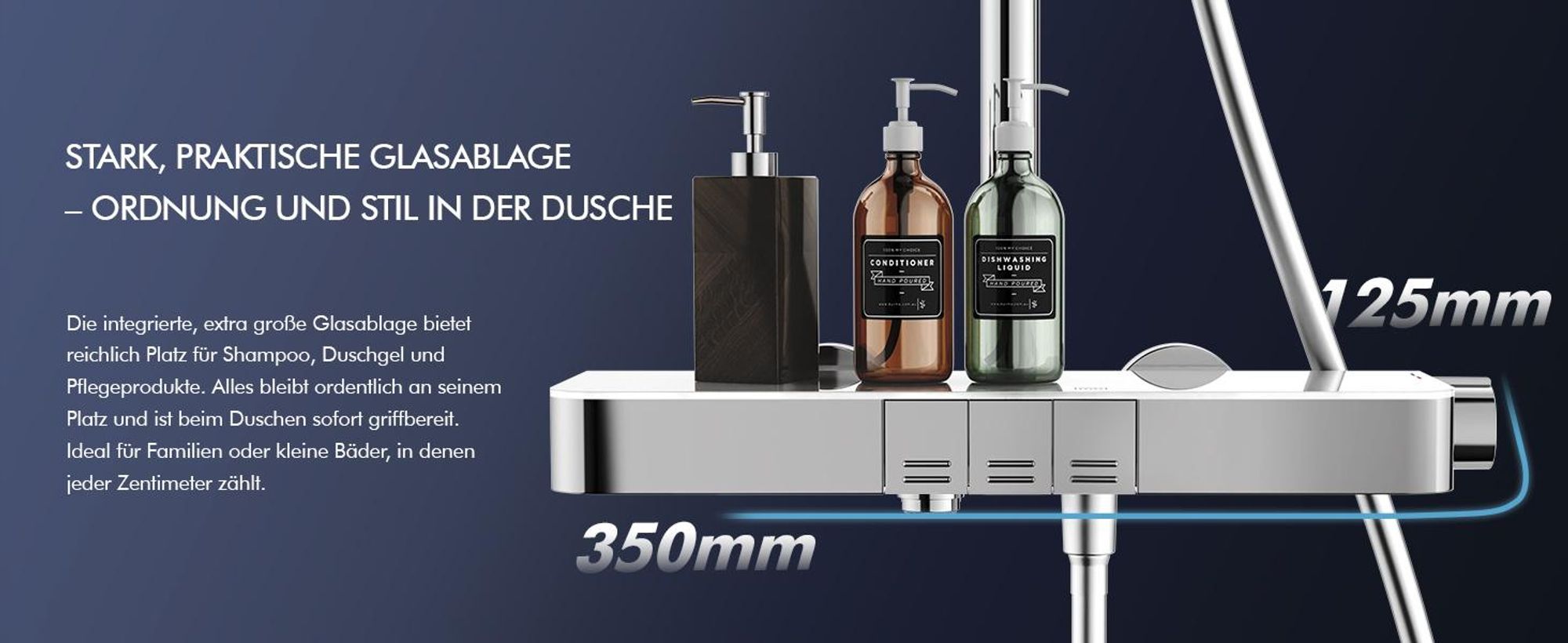 Homelody Duschsystem mit Thermostat und Glasablage, Brausegarnitur 3 Wasserausgabemodi, 12 Zoll Regendusche, Chrom