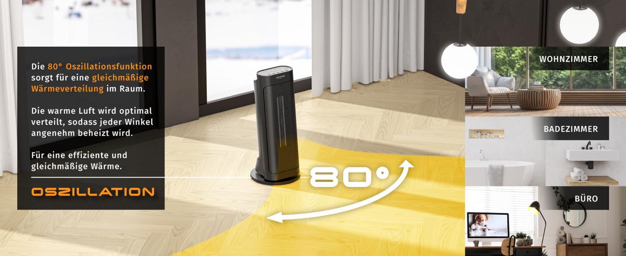 Brandson Heizlüfter 2000W, Keramik Heizlüfter mit Timer & Fernbedienung, 80° Oszillation, Überhitzungsschutz, Automatische Abschaltung, Umkippschutz, 2 Stufen, Schwarz