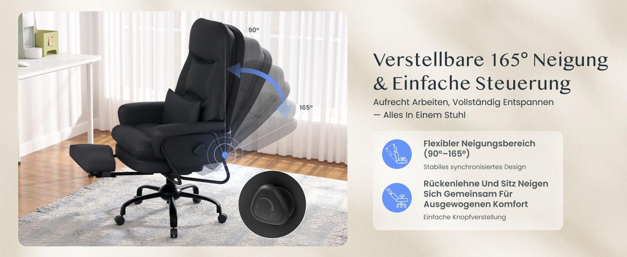 FLEXISPOT 3-in-1 Ergonomischer Bürostuhl mit 165° Liegefunktion, Ausziehbarer Fußstütze, Dickem Komfortpolster und Höhenverstellung (Schwarz)