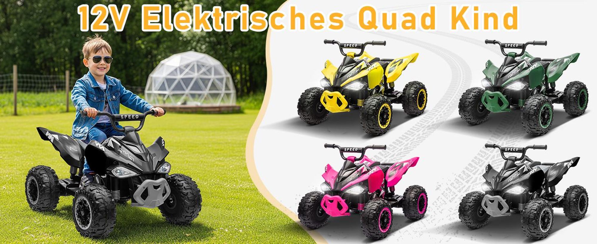 AIYAPLAY Elektro-Kinderquad 12V Elektro Kinderquad mit Vorwärts-& Rückwärtsgang, Belastbarkeit 50 kg, (1-tlg), Kinderauto mit USB, Musik für 3-8 Jahre Kinder, Gelb