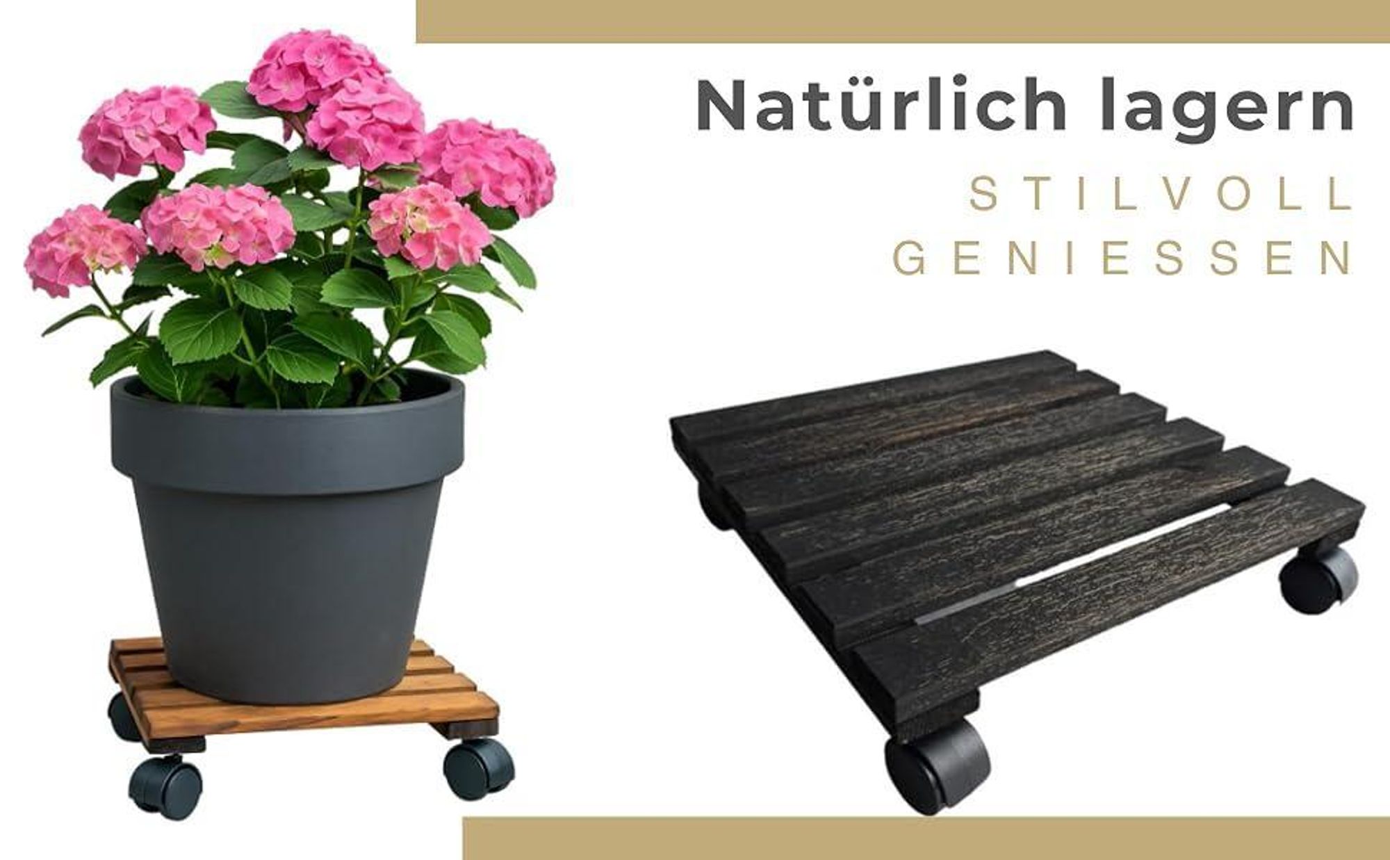 STOLMAK Pflanzenroller 30x30x8 cm Braun– Blumenuntersetzer mit Rollen aus wetterfestem Kiefernholz – Rollbrett für Pflanzen Outdoor Massivholz