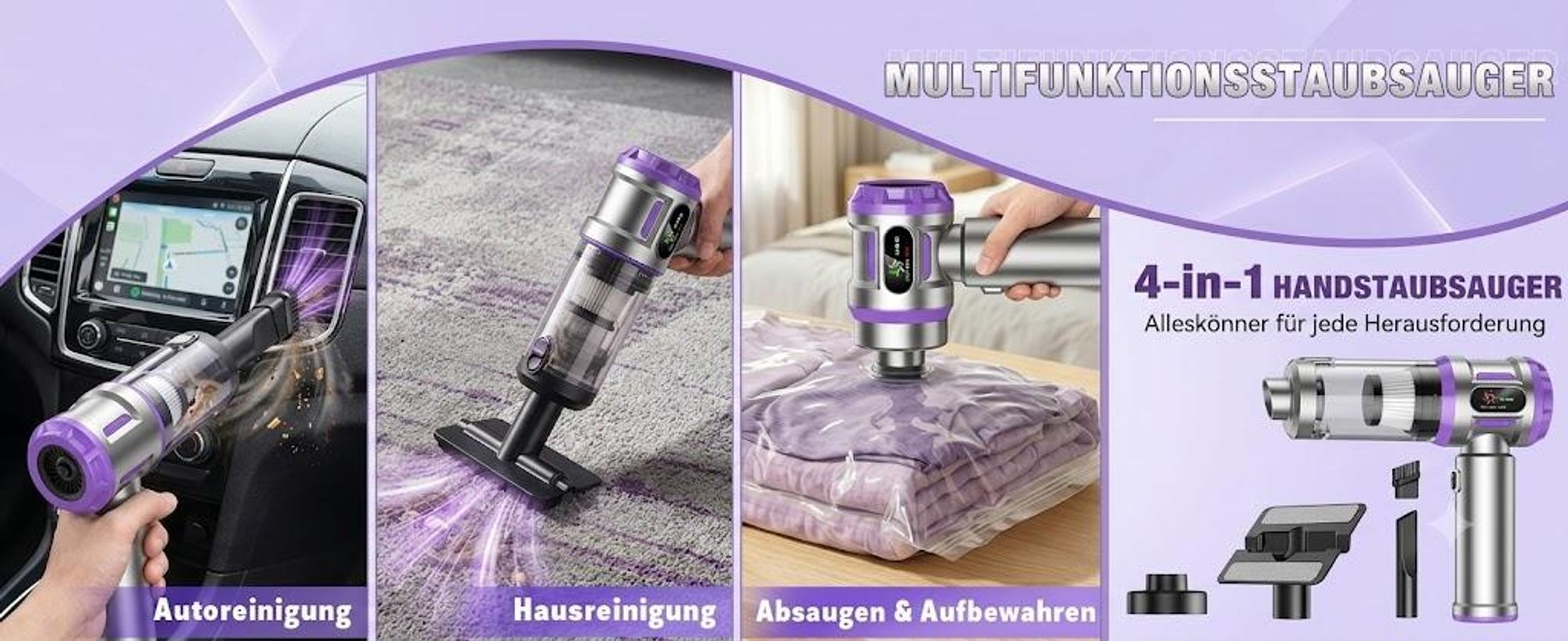 27000Pa/120W Handstaubsauger Akku Kabellos, Upgrade Beutelloser Mini Auto Staubsauger, 4-in-1 Handsauger mit HEPA Filter & 3Stufen,für Auto & Haushalt