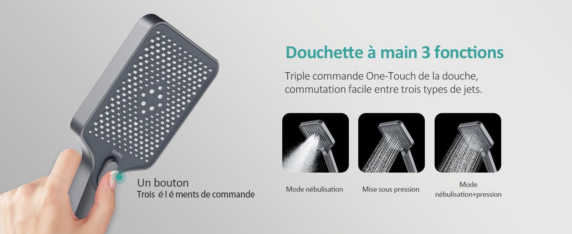 EMKE Système de douche avec thermostat tablette en verre douchette 3 jets douche à effet pluie, robinetterie de salle de bains & douche, KTW, gris - F09