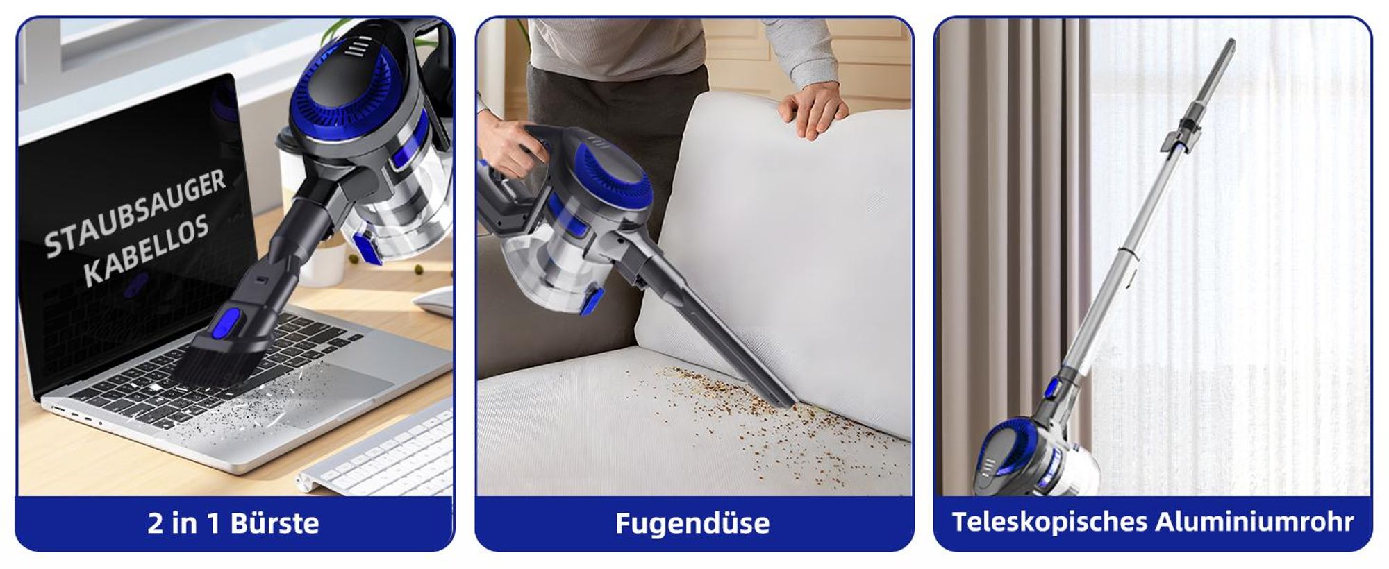 55000PA Akku Staubsauger, Staubsauger Kabellos,Kabelloser Staubsauger,8 in1 Akkustaubsauger Bürstenloser Motor bis zu 55min,für tierhaare,500W,4HEPA