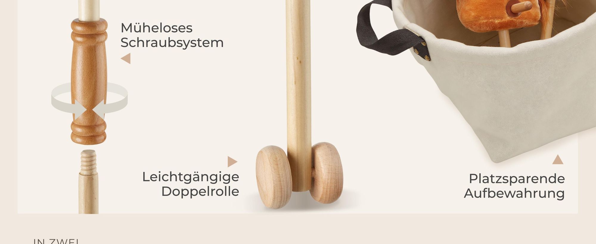 tectake® Hobby Horse Pferd | Steckenpferd mit Holzstab und Rollen 103 cm, Stockpferd für Kinder ab 24 Monaten