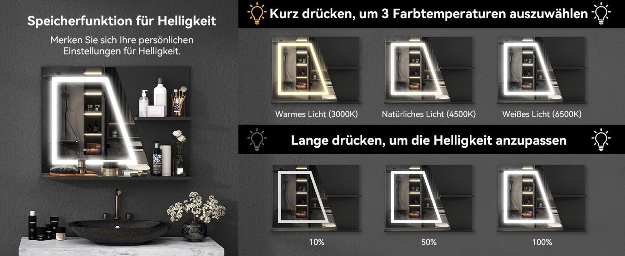 Puluomis Badspiegel 80x60, LED Badezimmerspiegel mit Doppelregal, 3 Farbtemperaturen dimmbar, Antibeschlag, Zeit und Temperaturanzeige beschlagfrei
