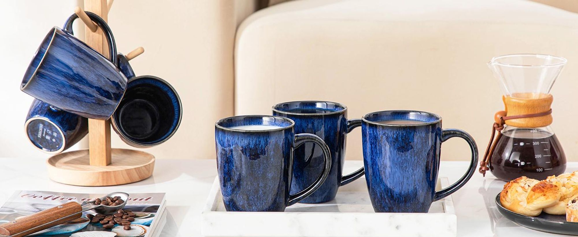 VANCASSO Becher Set, 6-tlg Steingut Tassen, 480ml Trinkbecher, Kaffeebecher mit Henkel, Blau
