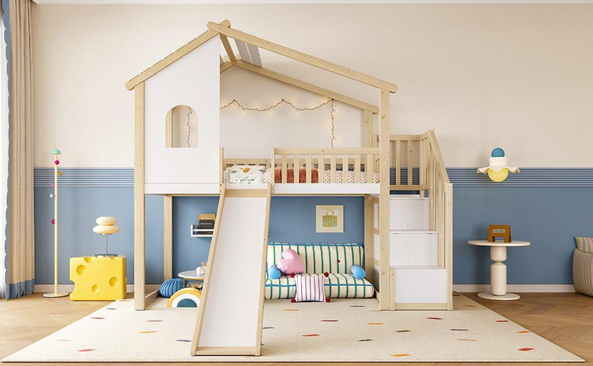 Merax Etagenbett Hochbett 90x200 cm, Kinderbett mit Rutsche, Fenster, Stauraumtreppe, Massivholz, Hausdesign Stockbett, Jugendbett, Natur+Weiß