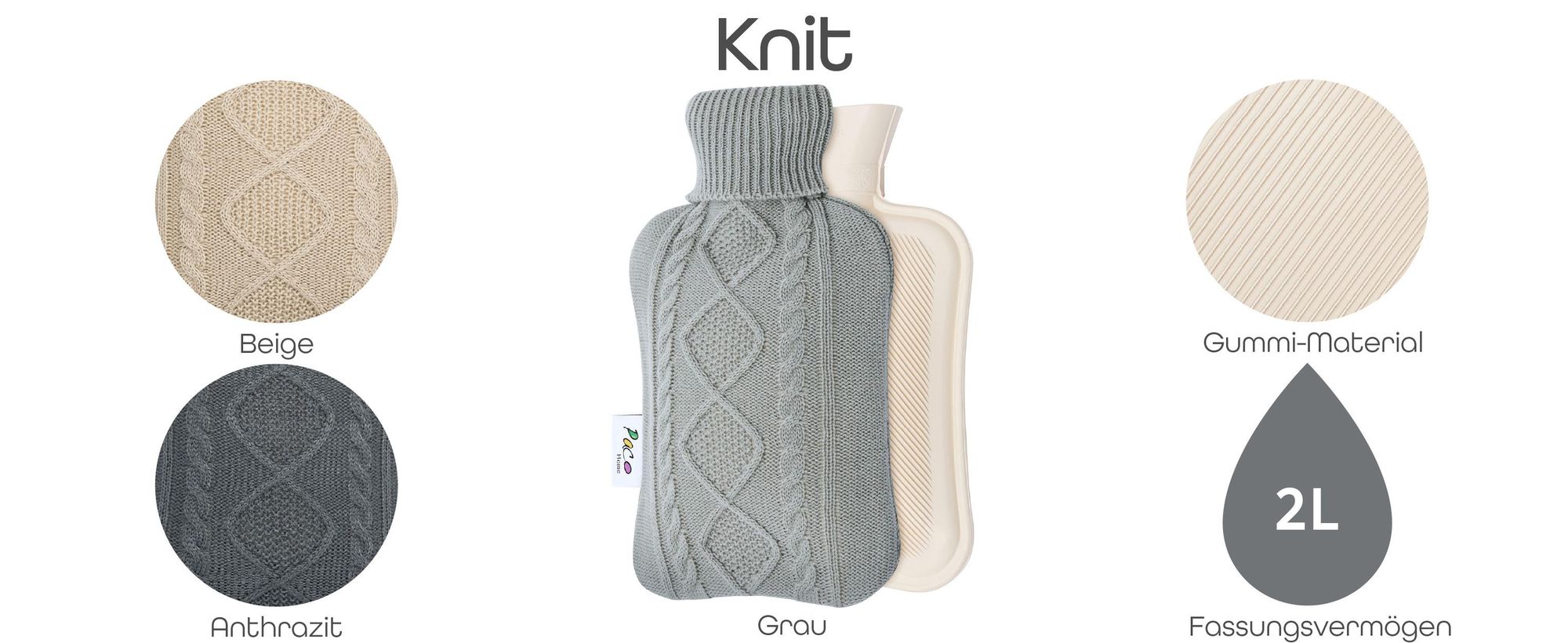 Wärmflasche Bezug Fleece Groß 2L Bettflasche Strickbezug Kinder Erwachsene Weich 2 Liter