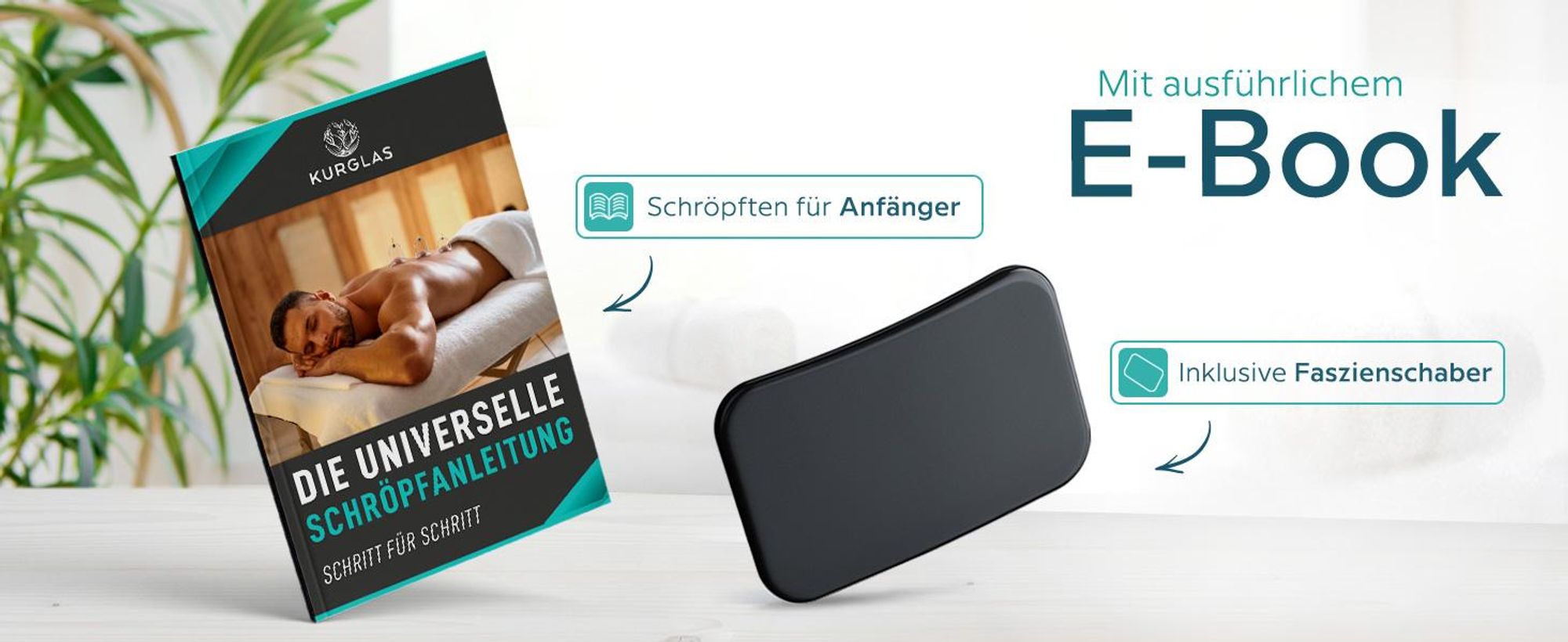 KURGLAS Schröpfgläser aus Echtglas [5 Stück] – Medizinisches Schröpfen mit Saugball & Faszienschaber – Schröpfen mit starker Saugleistung – mit e-Book