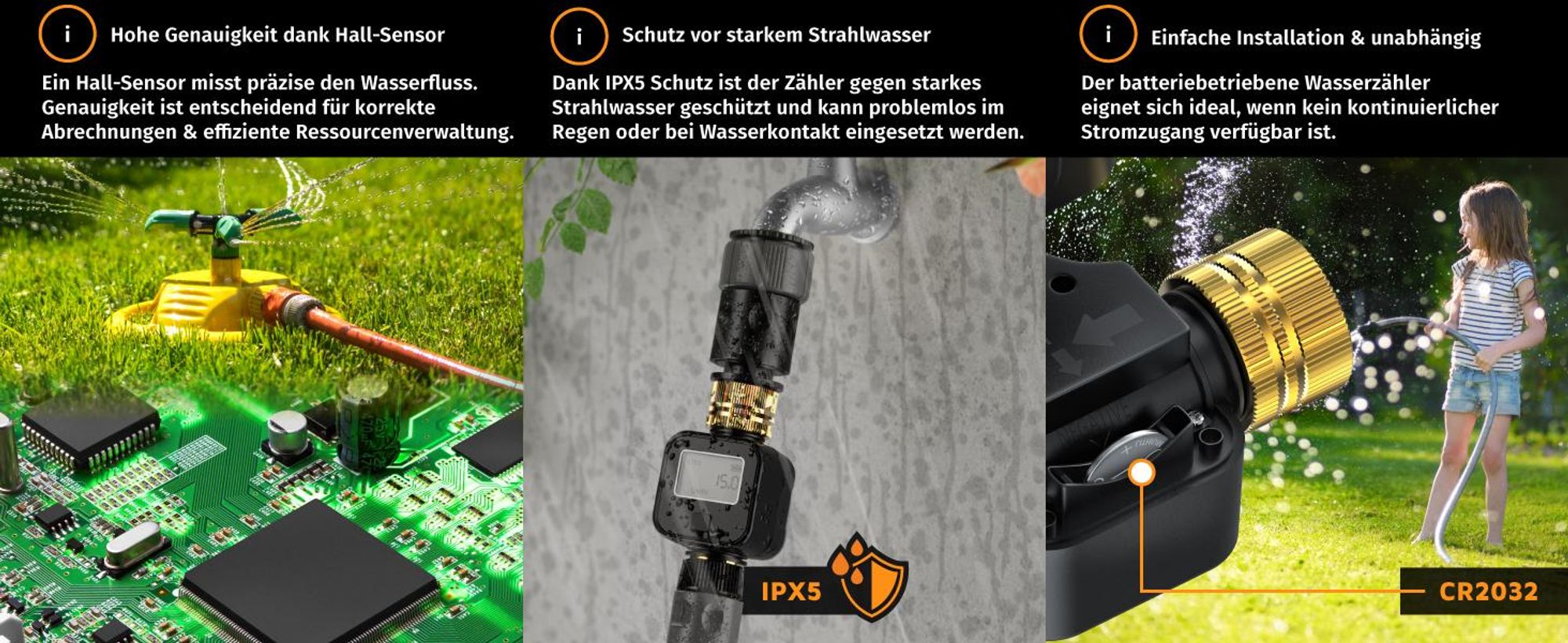 Brandson Wasserzähler, Wassermengenzähler, digital, Durchflussmesser, 3/4 Zoll, Wasseruhr Garten Durchflussmesser, Display, 4 Modi, Liter/Gallone, IPX5, Batterieanzeige