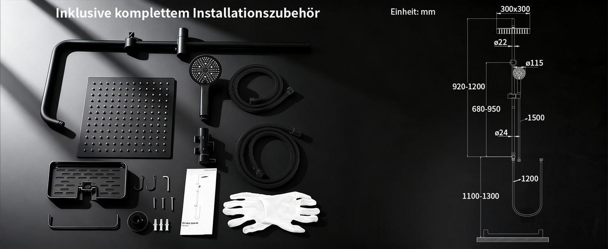 Homelody Duschsystem ohne Armatur, Duschset Duschsäule mit SUS304 Edelstahl Duschablage 30cm kopfbrause & Handbrause Quadratisch 5 Strahlarten Schwarz