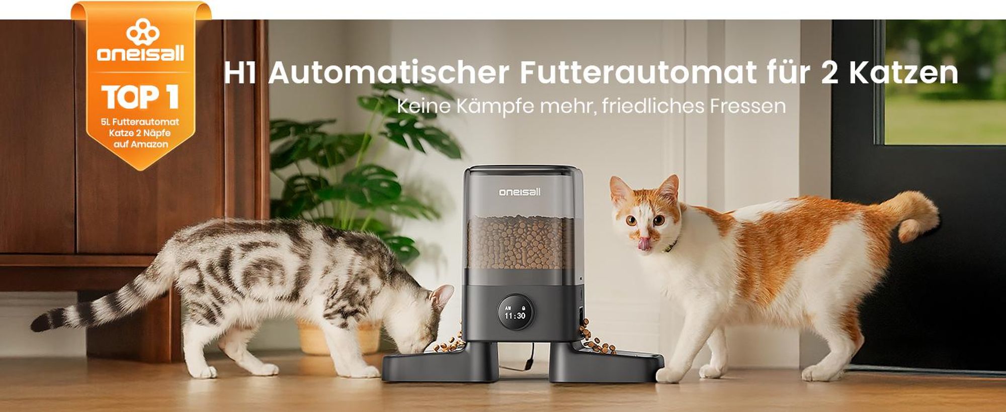 Katzen-Futterautomat Oneisall Kabellos mit APP-Steuerung, 3L ein Nafp/5L zwei Näpfe
